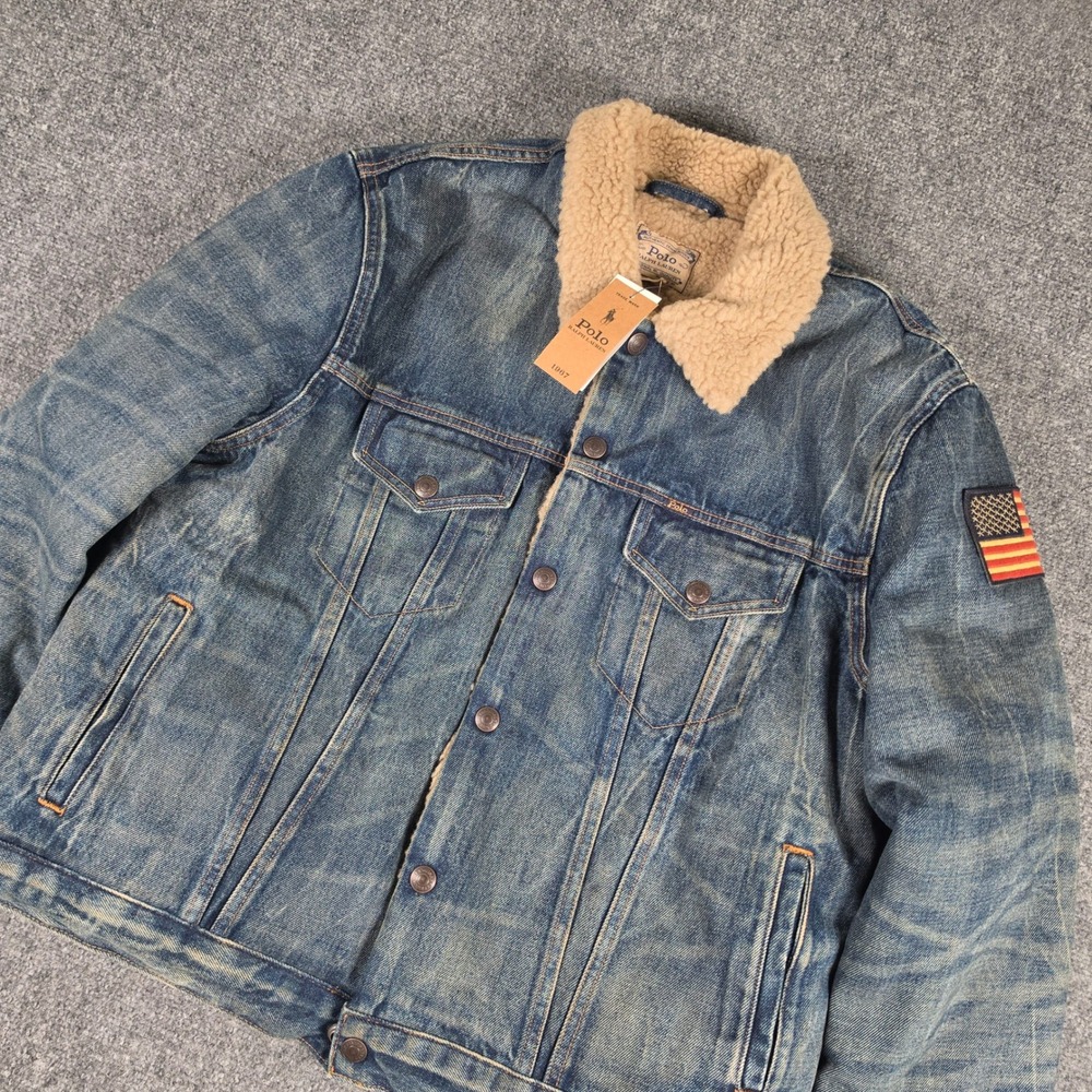 Polo Ralph Lauren Denim Trucker Jacket Mens L Blue Sherpa Lined 710919392001 NWT